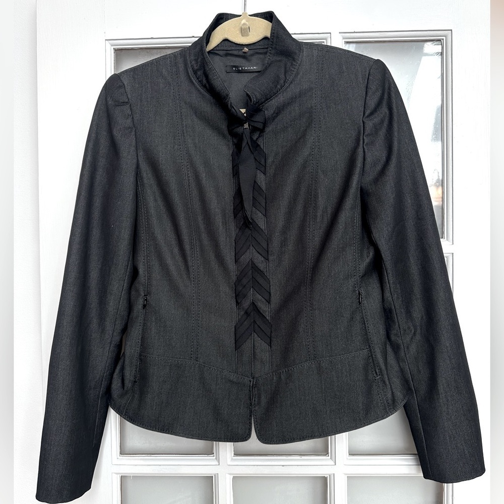 Elie Tahari Women's Jacket Charcoal Gray Full Zip Woven Ribbon Lined Size 6 S